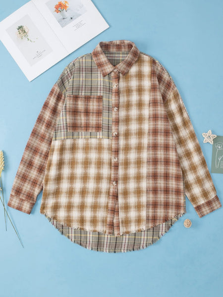 Rustic Brown Patchwork Plaid Shacket with Raw Edge Finishing