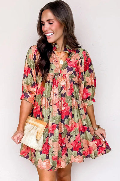 Women's Ruffled V-Neck Floral Babydoll Dress in Sage and Terracotta