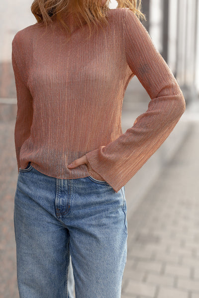 Women's Lightweight Clay Semi-Sheer Long Sleeve Mock Neck Top - Trendy Fall Essential for Effortless Style