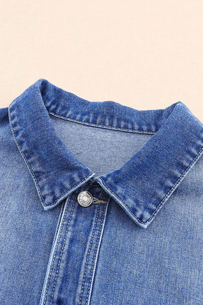 Women's Relaxed Fit Blue Denim Jacket with Chest Pockets and Drop Shoulder for Effortless Casual Style