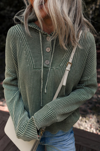 Women's Mist Green Ribbed Knit Hooded Pullover Sweater - Cozy Casual Style with Drawstring and Mineral Wash Finish