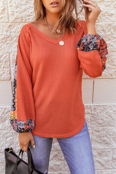 Cozy Women's Orange Eyelet Knit Pullover - Long Sleeve Thermal Top for Casual Fall Fashion