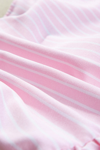 Trendy Women's Pink Striped Puff Sleeve Blouse with Bowknot Detail - Chic Crew Neck Top for Stylish Casual Looks