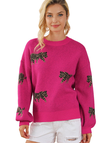 Fierce Leopard Print Rose Red Knit Sweater for Casual Chic
