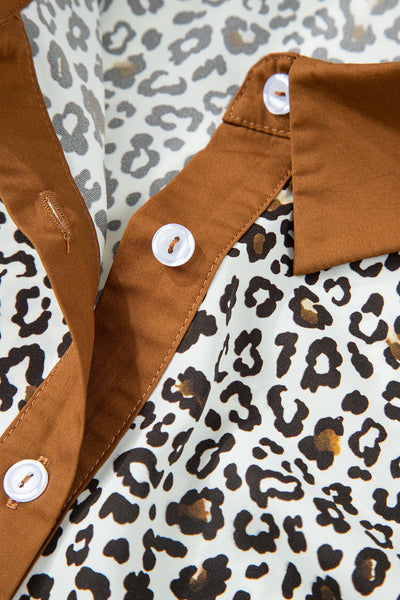Plus Size Women's Trendy Khaki Leopard Print Mini Dress with Puff Sleeves and Button V-Neck for a Comfortable Fit