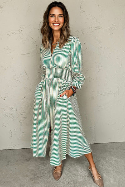 Stylish Women's Green Stripe Midi Dress - Flattering Summer Outfit with Trendy Design and Comfortable Fit