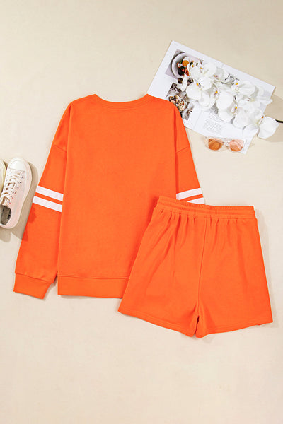 Trendy Plus Size Women's Orange Varsity Striped Pullover and Short Set with Drawstring Waist for Ultimate Comfort