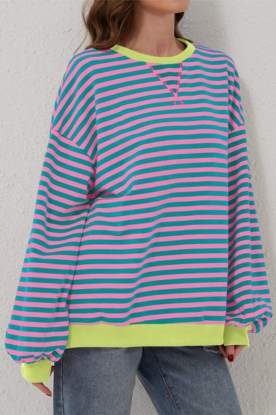 Women's Cozy Green Stripe Oversized Sweatshirt with Contrast Trim - Effortless Casual Pullover for Chic Comfort