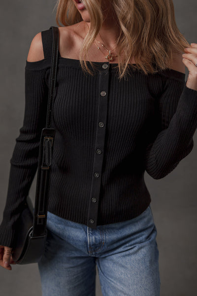 Chic Black Ribbed Knit Cold Shoulder Sweater with Button Front for Trendy Women‚Äôs Fashion