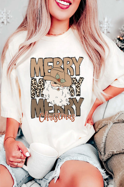 Women's Western Santa Graphic Tee: Leopard Print Merry Christmas