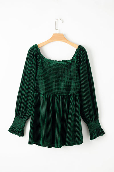 Women's Smocked Ribbed Velvet Babydoll Top in Blackish Green - Chic and Comfortable for Effortless Everyday Style