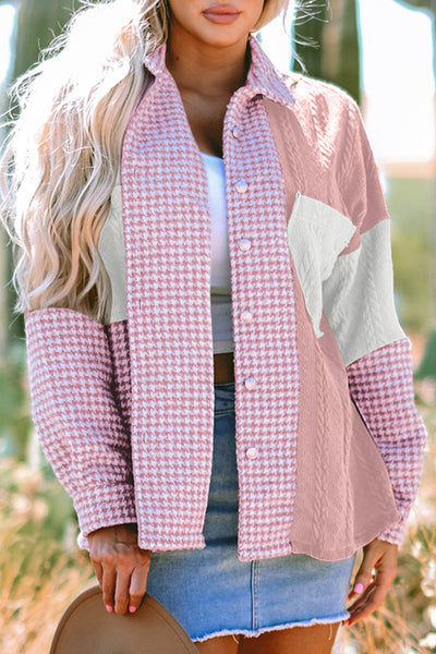Trendy Women's Pink Houndstooth Patchwork Shacket - Relaxed Fit for Effortless Casual Chic Style