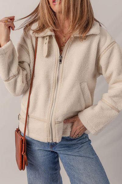Cozy Women's Beige Fleece Zip-Up Jacket with Stylish Buckle Collar - Perfect for Casual Chic Outfits