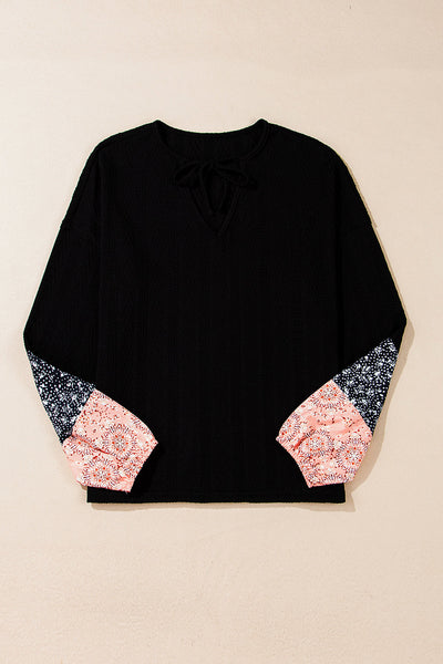 Chic Women's Black Floral Patchwork Knit Blouse - Textured V-Neck with Adjustable Drawstring for a Flattering Silhouette
