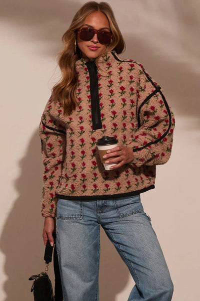 women's rose print sherpa half-zip pullover in beige made for easy styling and wardrobe coordination, with premium-like structure and finish. with