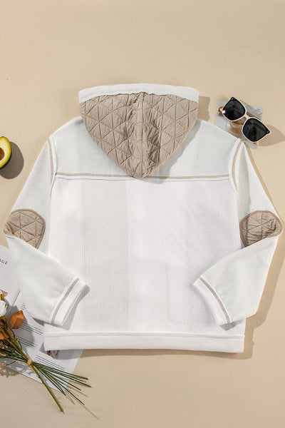Women's Beige Quilted Hooded Jacket with Textured Patchwork Stylish Loose Fit for Cozy Comfort