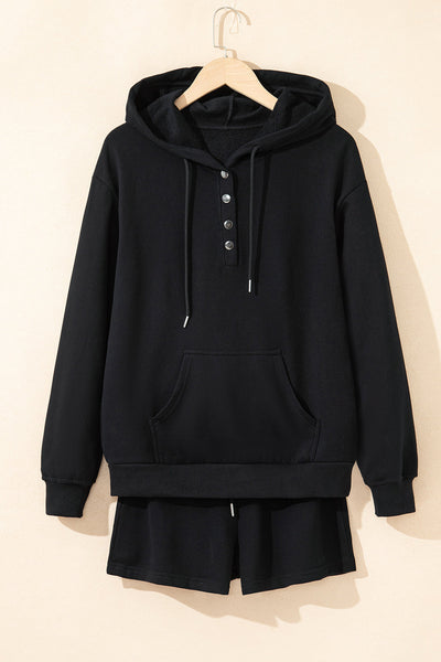 Women's Black Hoodie and Shorts Set - Cozy Casual Outfit with Adjustable Fit for Everyday Comfort and Style