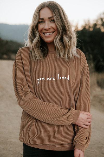 Women's Cozy Khaki "You Are Loved" Graphic Corduroy Sweatshirt - Casual Fit for Effortless Everyday Style