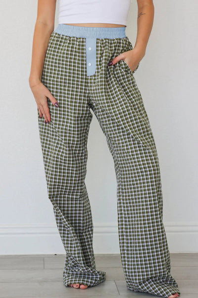 Women's Brown Gingham High-Waist Boxer Pants with Blue Contrast