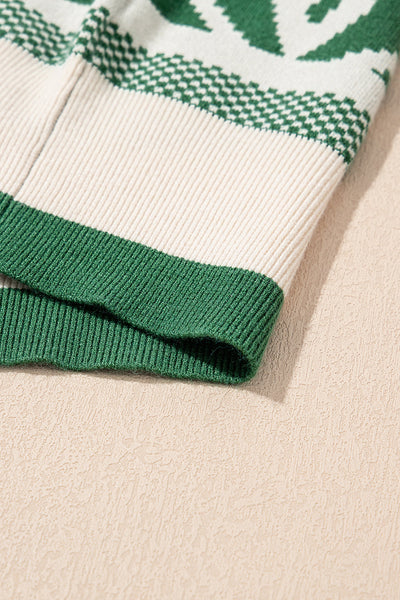 Women's Emerald Green Geometric Intarsia Knit Pullover