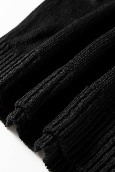 Women's Black V-Neck Pointelle Knit Sweater with Contrast Sleeves