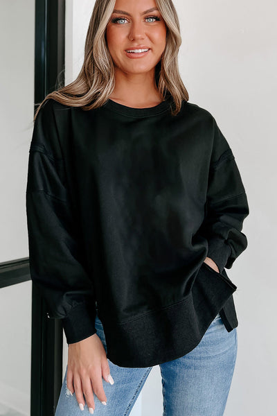 Women's Black Drop Shoulder Sweatshirt with Exposed Seams and Side Slits - Casual, Cozy Fit for Everyday Style