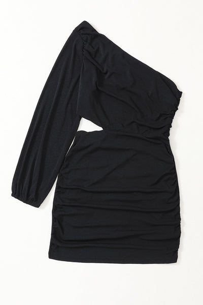 Sexy Pleated One Shoulder Solid Color Long Sleeves Mini Dress