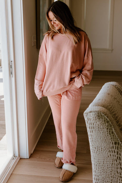 Cozy Women's Apricot Pink Lounge Set: Drop Shoulder Pullover & Drawstring Pants for Relaxed Comfort and Style