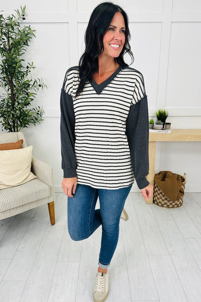 Chic Women's Black V-Neck Long Sleeve Top with Twisted Ribbed Stripes & Patchwork for Effortless Casual Style