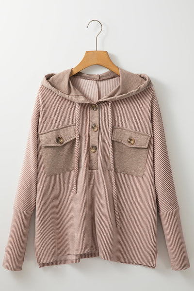 Casual Women's Dark Brown Patchwork Hoodie with Flap Pockets & Adjustable Drawstring for Everyday Comfort