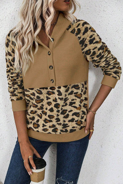 Light Beige Leopard Print Patchwork Hoodie for Women - Casual Raglan Sleeve Design with Half Buttons