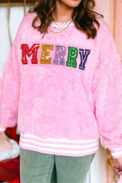 Women's Sachet Pink Chenille MERRY Sequin Graphic Pullover