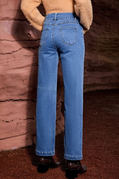 Women's Light Blue High Rise Straight Leg Jeans with Double Button