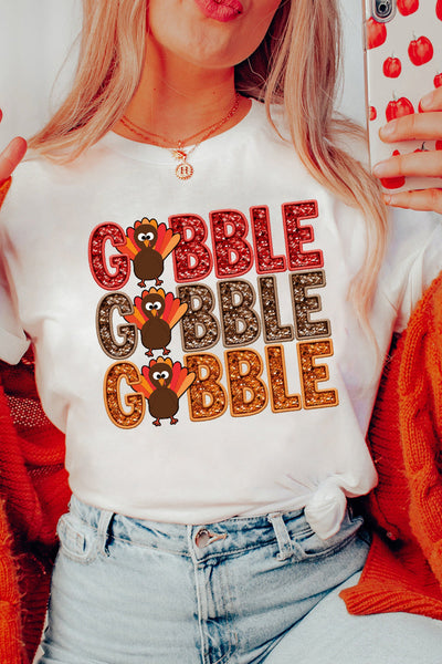 Women's Festive Turkey 'Gobble' Graphic Tee in White Cotton Blend