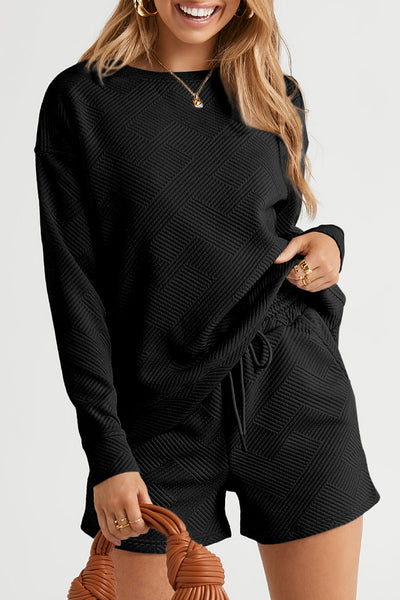 Stylish Women's Black Textured Long Sleeve Top & Comfortable Drawstring Shorts Set - Versatile Summer Outfit