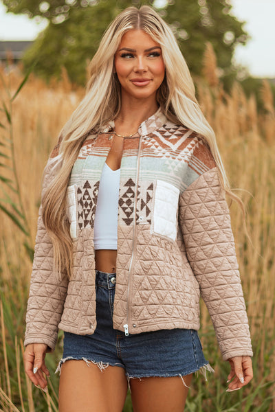 women's stylish women's earth tone aztec quilted jacket - cozy layer for fall and winter casual outings with practical styling and dependable