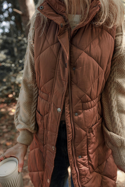 Women's Coffee Longline Quilted Puffer Vest with Stand Collar - Stylish and Warm Outerwear for Fall and Winter