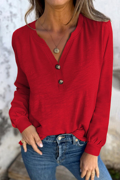 Women's Racing Red Button V-Neck Blouse with Relaxed Silhouette