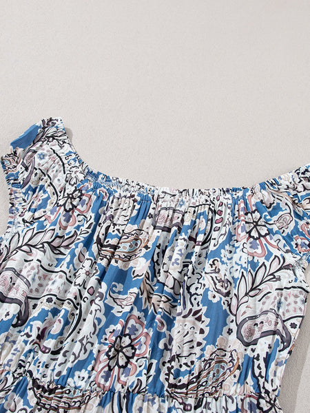 Printed V-Neck Off-Shoulder Short Sleeve Dress