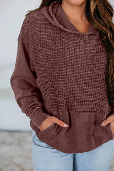 Women's Mineral Wash Hoodie with Contrast Textured Patchwork and Kangaroo Pocket - Stylish Solid Color Pullover