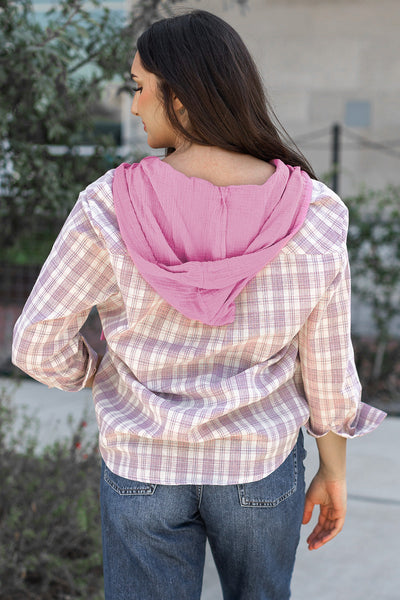 Women's Pink Checkered Hooded Shacket - Relaxed Fit Button-Up Jacket for Casual Chic Comfort and Everyday Style