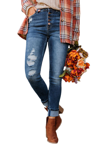 Retro Rolled Hem Single-Breasted Closure Straight Loose Casual Jeans