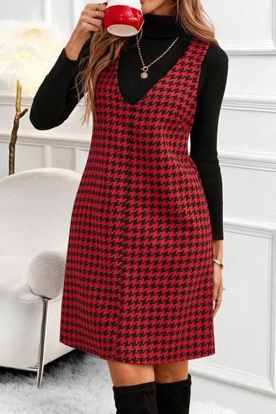 Women's Red Houndstooth V-Neck Shift Mini Dress