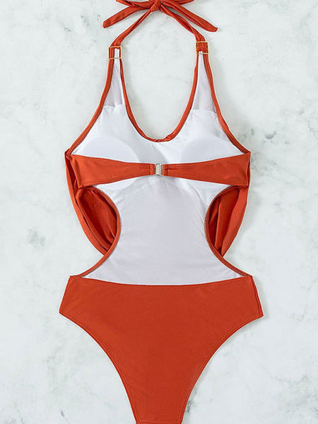 Golden Flame Halter Neck Open Back Padded One Piece Swimsuit