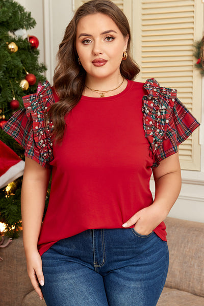 Women's Plus Size Racing Red Ruffle Sleeve Top with Plaid Accents made for easy styling and wardrobe coordination, with premium-like structure and