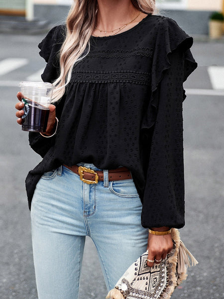 Elegant Black Lace Eyelet Ruffle Sleeve Blouse for Fall