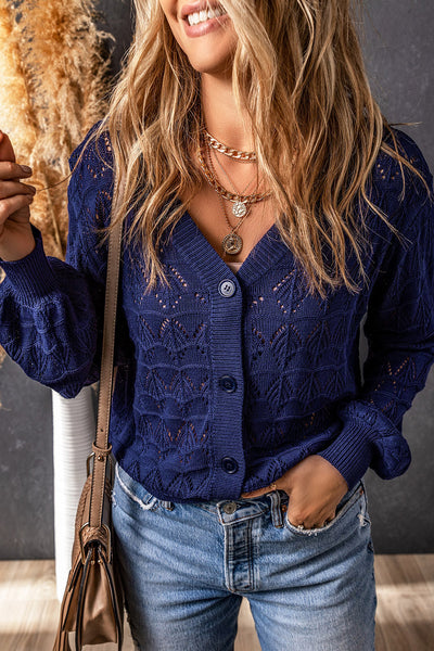 Women's Blue Lightweight Crochet Cardigan with Button Front  Stylish, Comfortable Fit for Any Casual Occasion