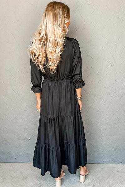 Chic Women's Black Tiered Maxi Dress with Flounce Sleeves and V-Neck - Perfect for Formal Events and Summer Outings
