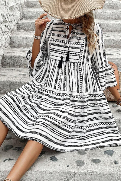 Elegant Women's Black Stripe V-Neck Mini Dress with Flattering Bell Sleeves and High Waist for Effortless Style
