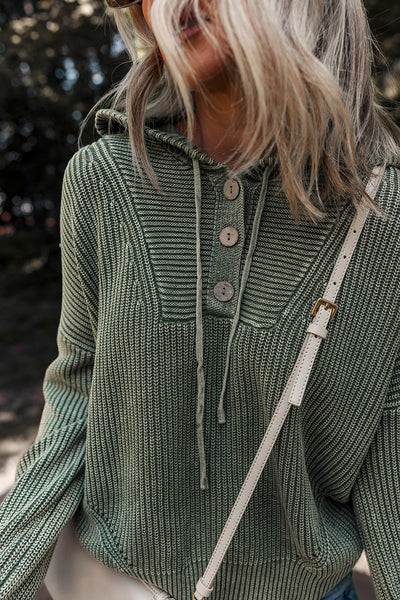 Women's Mist Green Ribbed Knit Hooded Pullover Sweater - Cozy Casual Style with Drawstring and Mineral Wash Finish